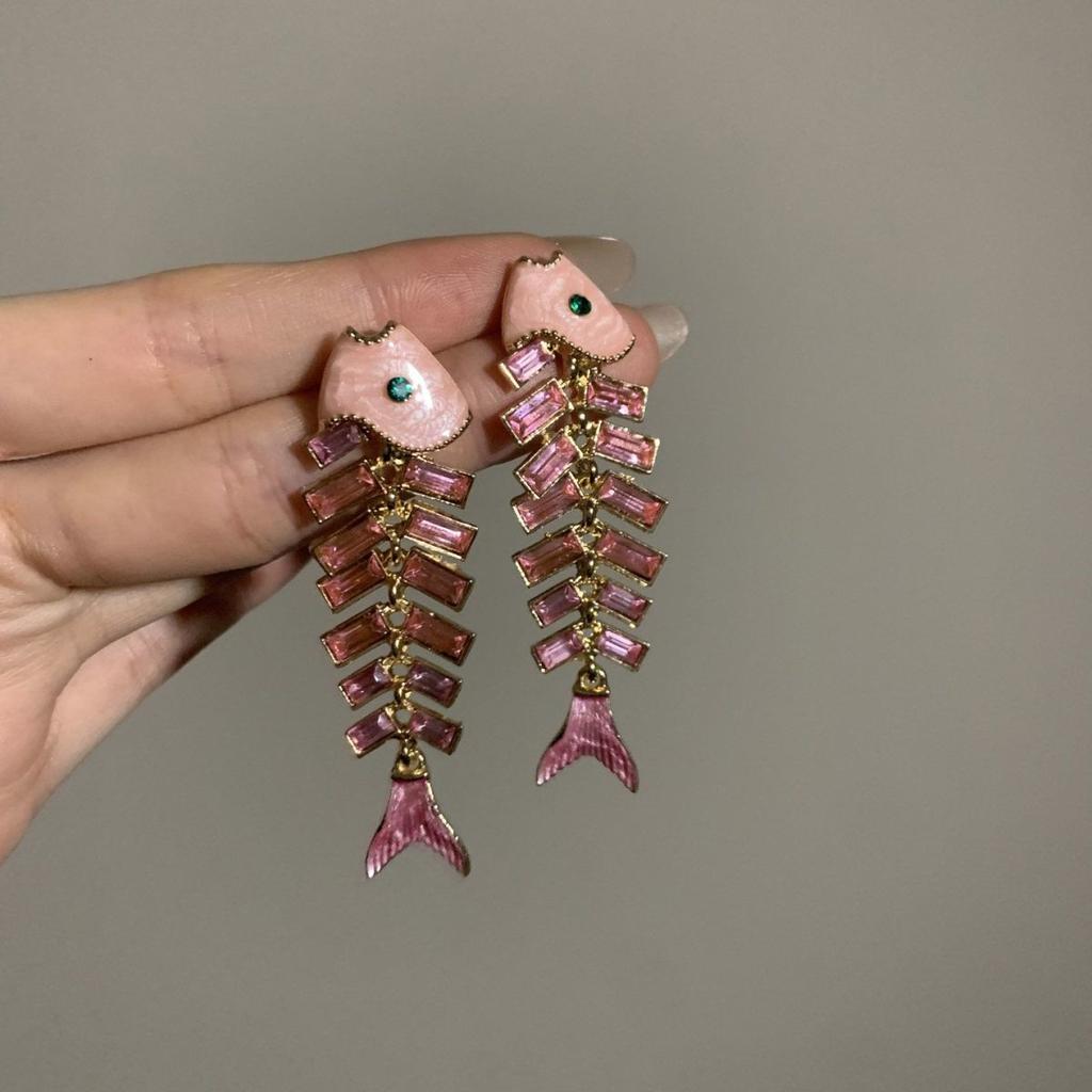 Pink Fishbone Drop Earrings Sparkling Crystal Enamel Fish Design Cute Statement Jewelry Gift for Women Girls