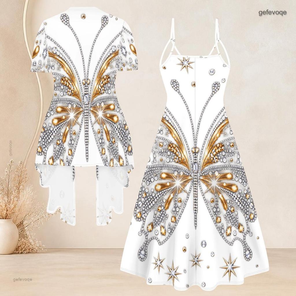 Women Plus Size Two Piece Dress Set Short Sleeve Open Cardigan Strappy V Neck Flared Printed Dress