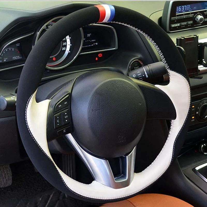 Suede leather Steering Wheel Cover DIY Hand-stitched car Steering Wheel Cover for Mazda Atenza 2014 CX-5 CX5 Mazda 3 CX-3 2016 White section