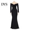 Slim Fit Dress Lady Evening V Neck Off Shoulder Side Slit Floor Length Long Ball Gown Sleeves Pleated Maxi Banquet Party Solid Color