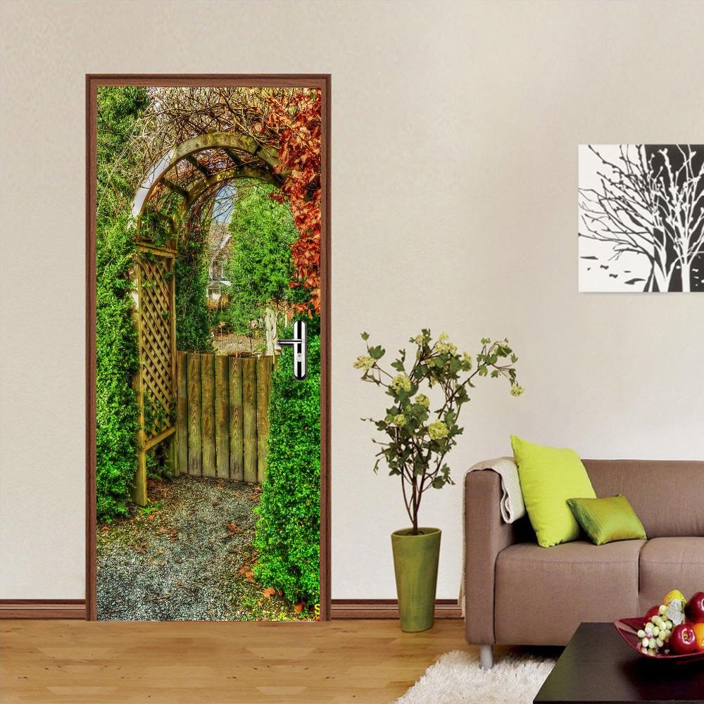 Nature Scenery Door Decal 3D Removable Vinyl Sticker, Adhesive Forest Pathway Wallpaper for Bedroom Entryway