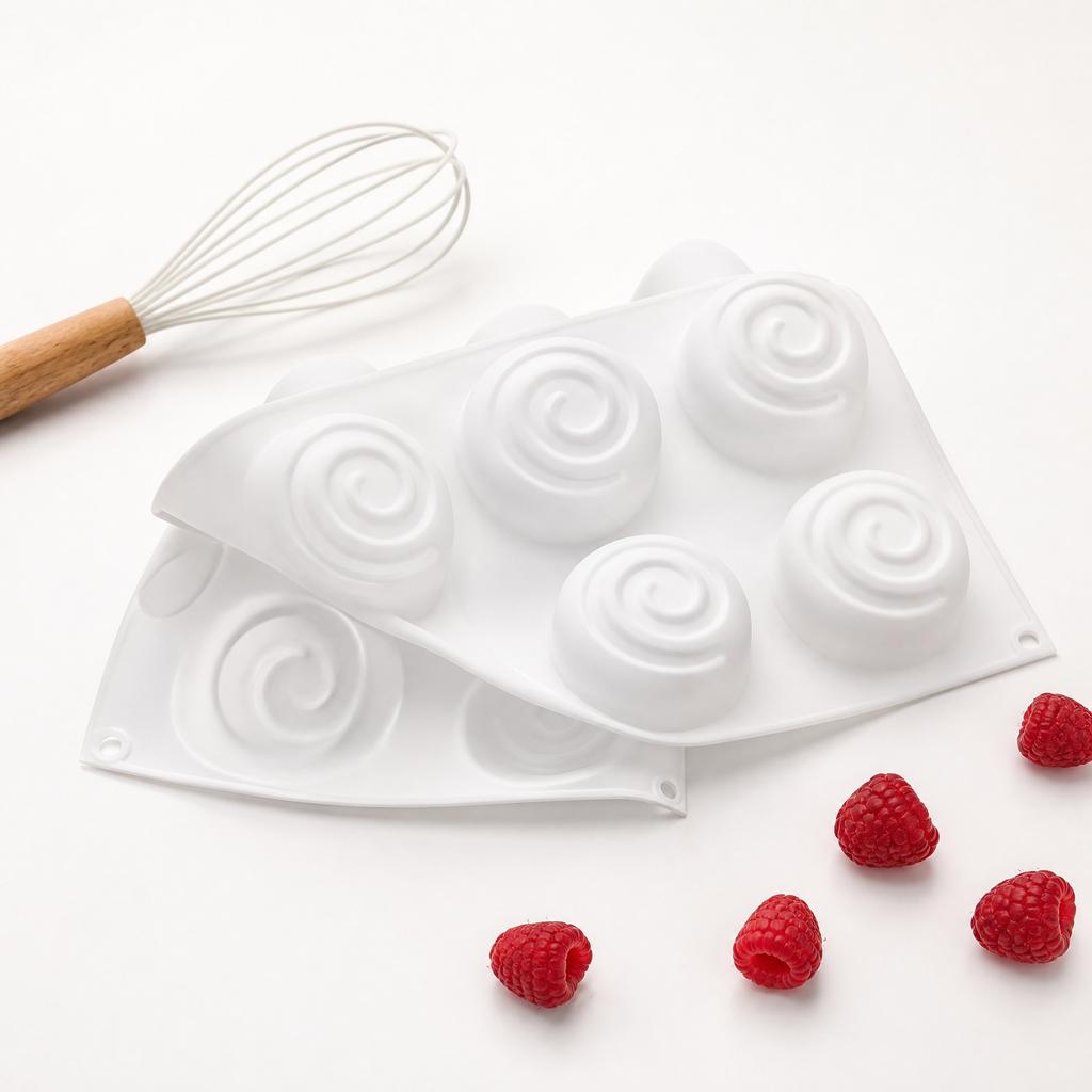 6 Cavity Spiral Round Silicone Mousse Mold for Baking DIY Cake Pudding Dessert Mold Flexible Non-Stick Baking Tray for Home and Professional Use