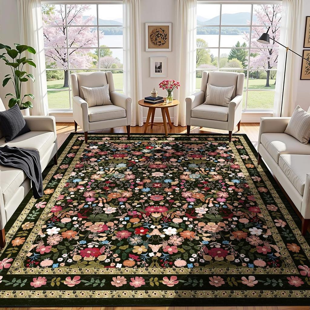 Floral Living Room Carpet Sofa Coffee Table Green Large Rug Soft Bedroom Bed Floor Mat Machine Washable Home Decoration Teppich