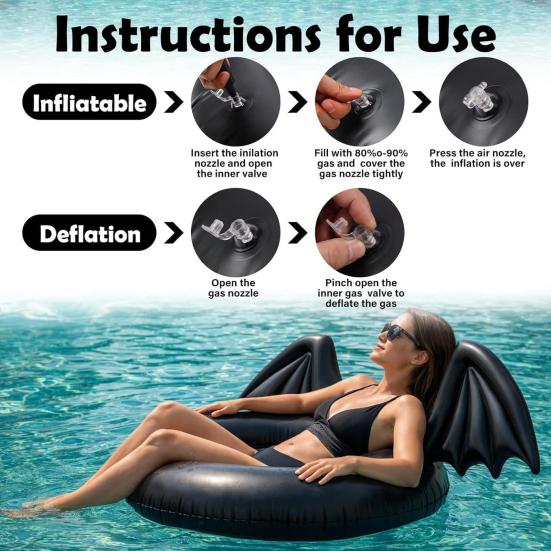 Inflatable Pool Float Creative Bat Wings Decor Black Thickened PVC Swim Ring