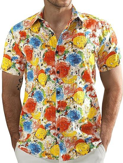 Men's Short Sleeve Shirt, Sunflower Print Loose Fit Shirt, Lightweight Collared Button-Up Casual Top