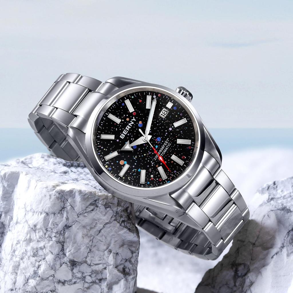 BERNY Automatic Watch for 200M Waterproof Super Luminous Mechanical Full Stainless Analog Sapphire Calendar Included Men, Men's Watch, Silver, Watch,