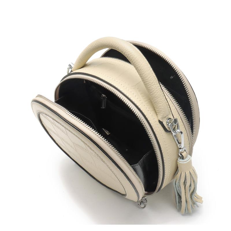 New Leather Small Round Bag Women's Messenger Bag Crocodile Pattern First Layer Cowhide Shoulder Bag Versatile Barrel Bag Handbag