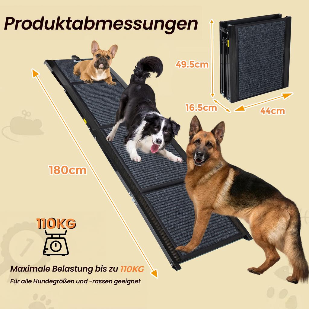 Foldable Dog Ramp for Cars, 180 cm Long, for Large Dogs, Non-Slip Carpet Surface – Suitable for SUVs, Cars and Trucks, Load Capacity up to 110 kg