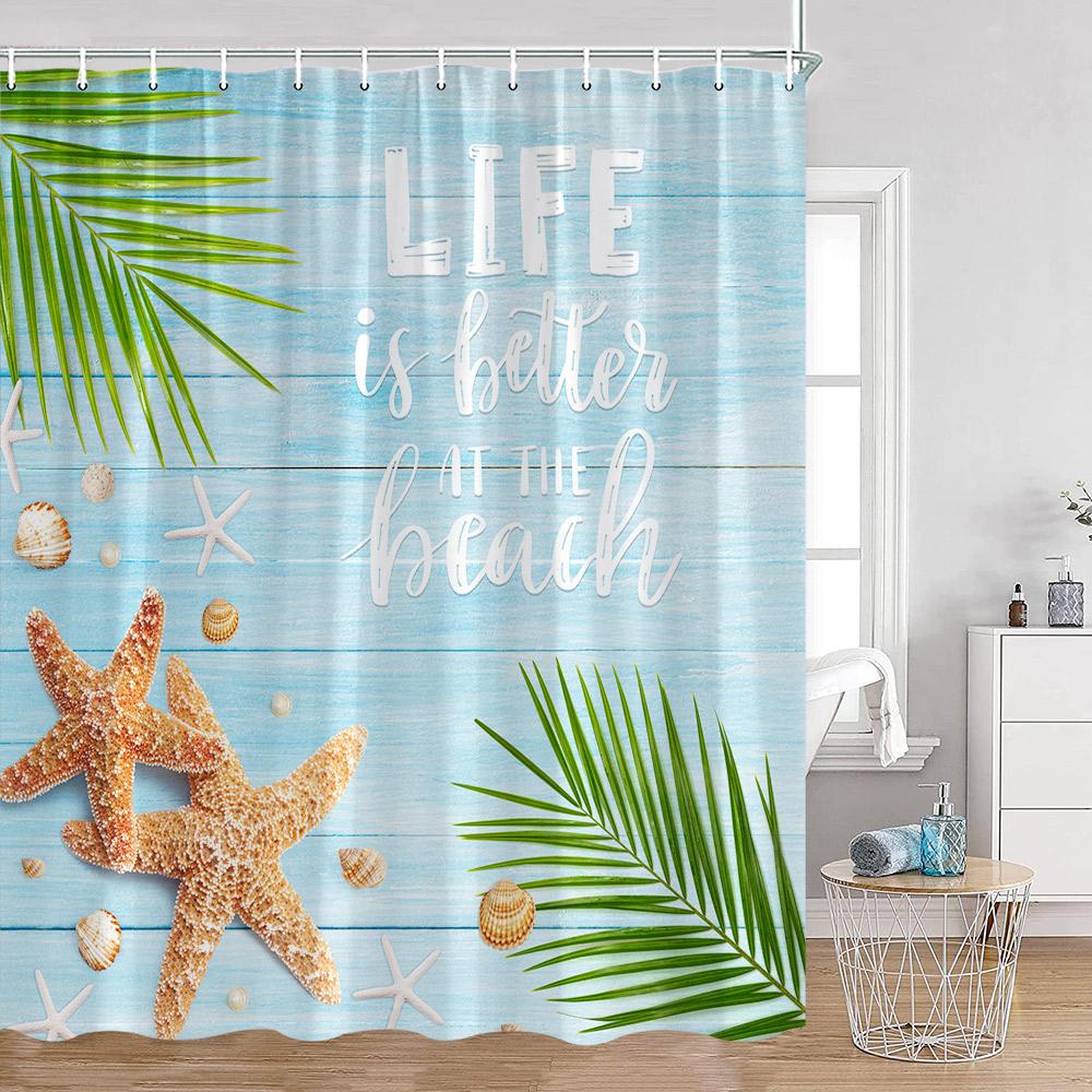 Summer Vacation Shower Curtain Beach Shell Wooden Plank Pattern Holiday Inspiring Words Bath Curtain Polyester Bathroom Decor