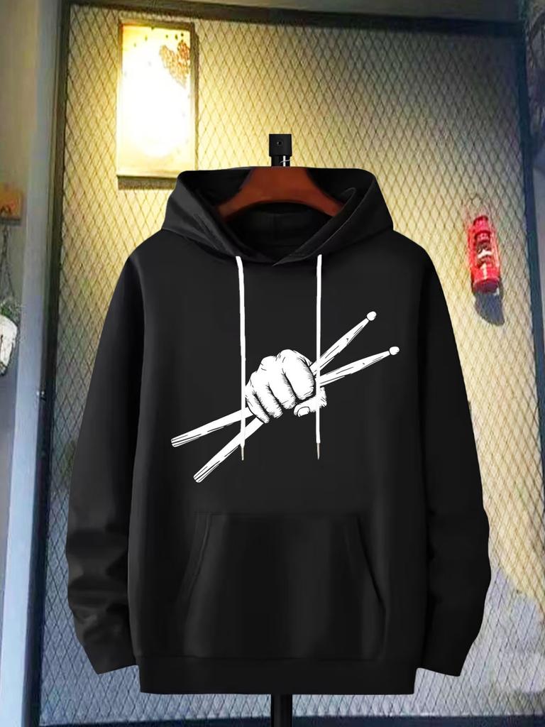 Chopsticks Print High-End Fashion New And Loose Sports Sweatshirt, 250G Heavyweight Pullover with Pocket And Adjustable Drawstring