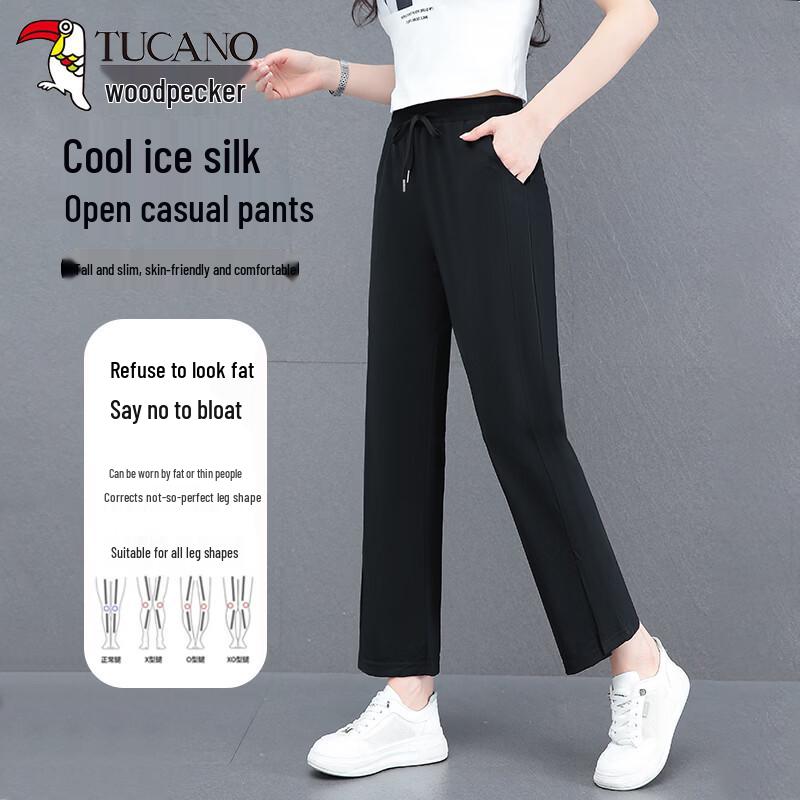 Woodpecker Women s Summer Cooling Ice Silk High-Waist Straight Leg Split Hem Pants 4XL