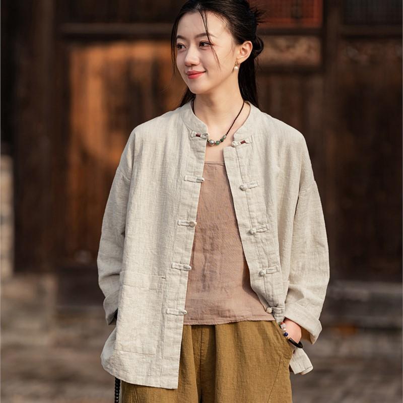 Johnature Women Vintage Stand Shirts Solid Color Long Sleeve Tops Spring Button Pockets Loose Women Shirts