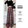 Spring Autumn Elastic Waist Vintage Plaid Printing Pants Women Loose Casual Fashion All-match Wide Leg Trousers
