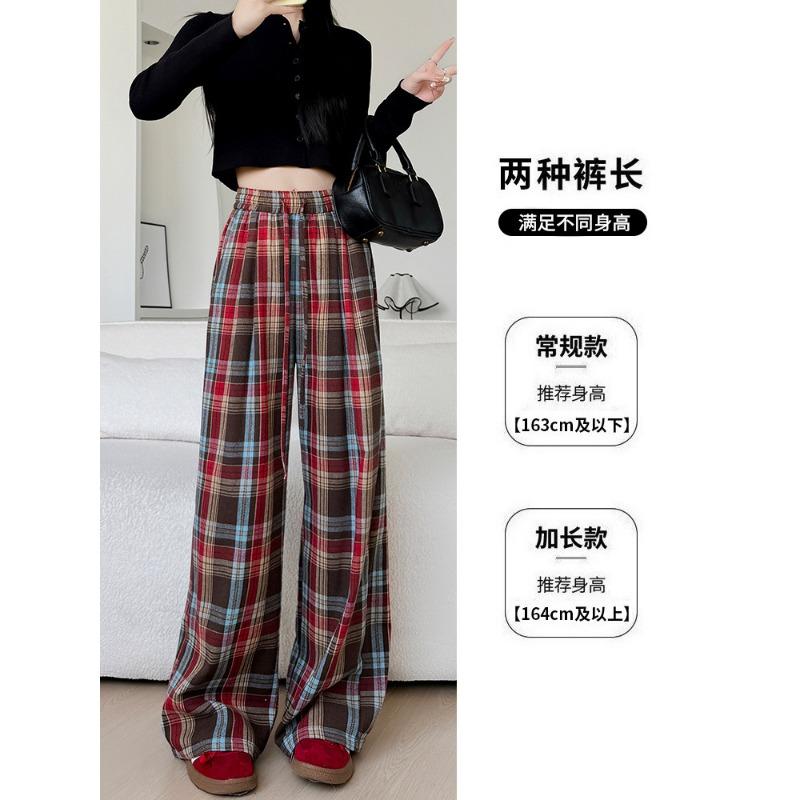 Spring Autumn Elastic Waist Vintage Plaid Printing Pants Women Loose Casual Fashion All-match Wide Leg Trousers