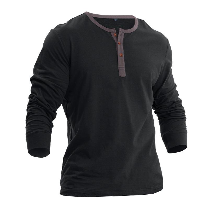 Men's Henley-style round-neck long-sleeved T-shirt Men's loose-fitting sports top