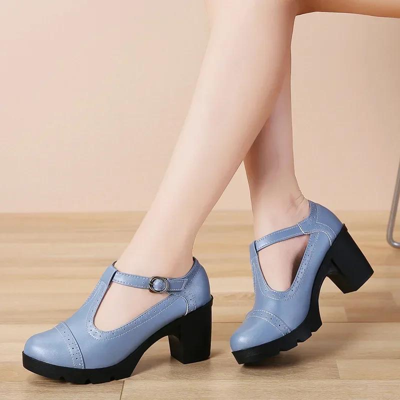 Modă Modă Stil Britanic Pantofi Mary Jane cu Vârf Rotund Piele Decupată Tocuri Pătrate Platformă Retro Pantofi de Dans pentru Femei
