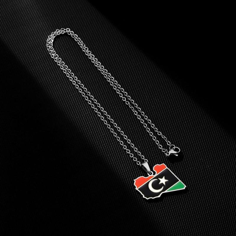 Stainless Steel Libya Flag Pendant Necklace Stylish Libya Map Necklace Durable Neck Jewelry Stainless Steel Material