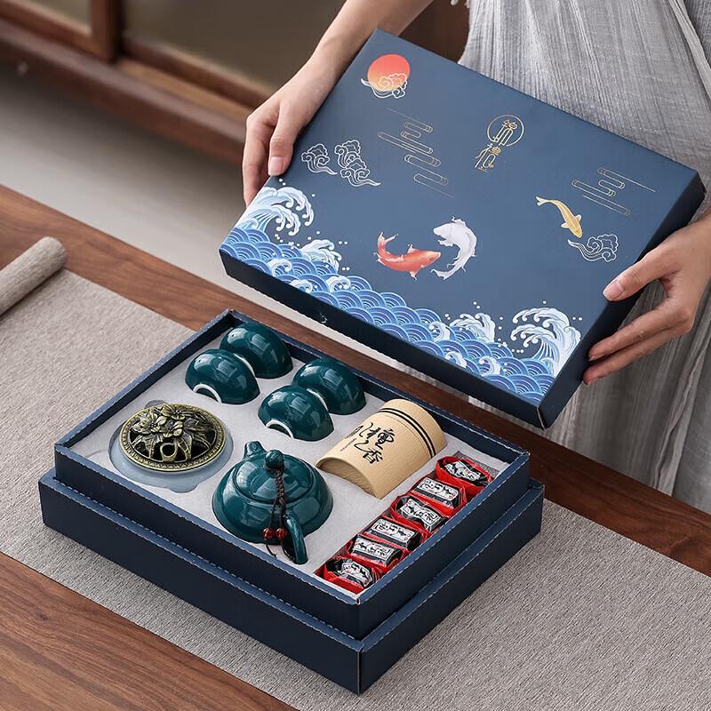 Xinqi Chinese Style Dark Green Ceramic Tea Set with Incense Burner