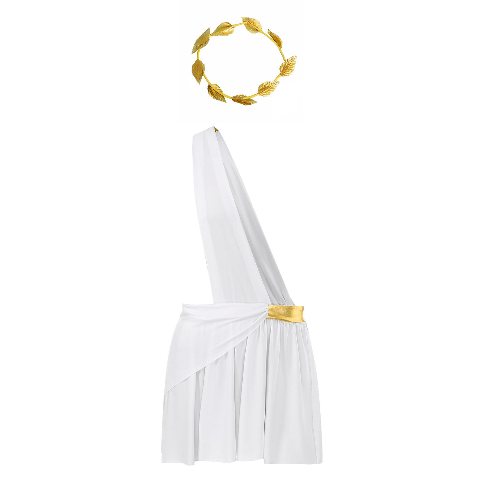 

Mens Halloween Greek Costume One Shoulder Metallic Shiny Waistband Ruffle Skirt Toga Gold Leaves Garland Headwear Set S білий
