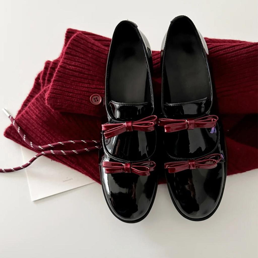 Rindslederversion~ Britischer Stil Schleife kleine Lederschuhe Damen Plateau Loafer echtes Leder schwarz Ein-Pedal faule einzelne Schuhe