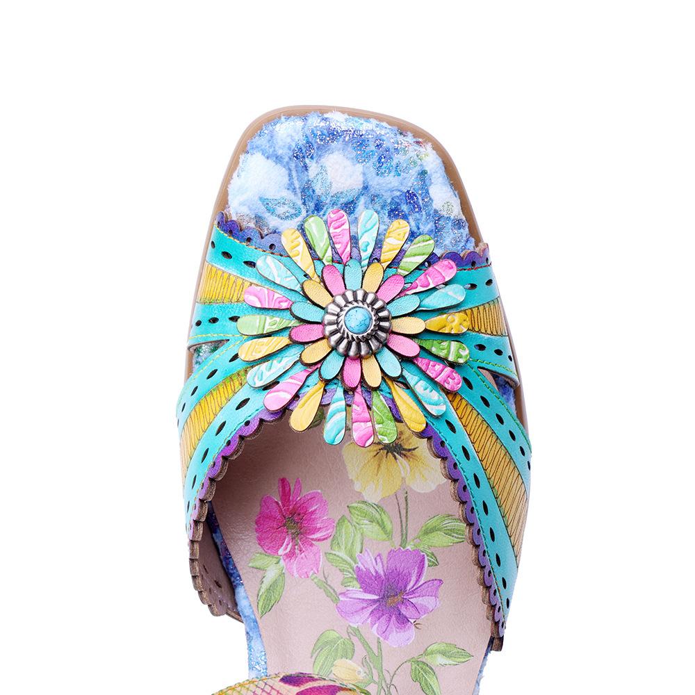 Johnature Sandali Stampati Colorati con Tacco Alto in Vera Pelle Stile Barocco Retrò Raffinati Floreali Scarpe da Donna