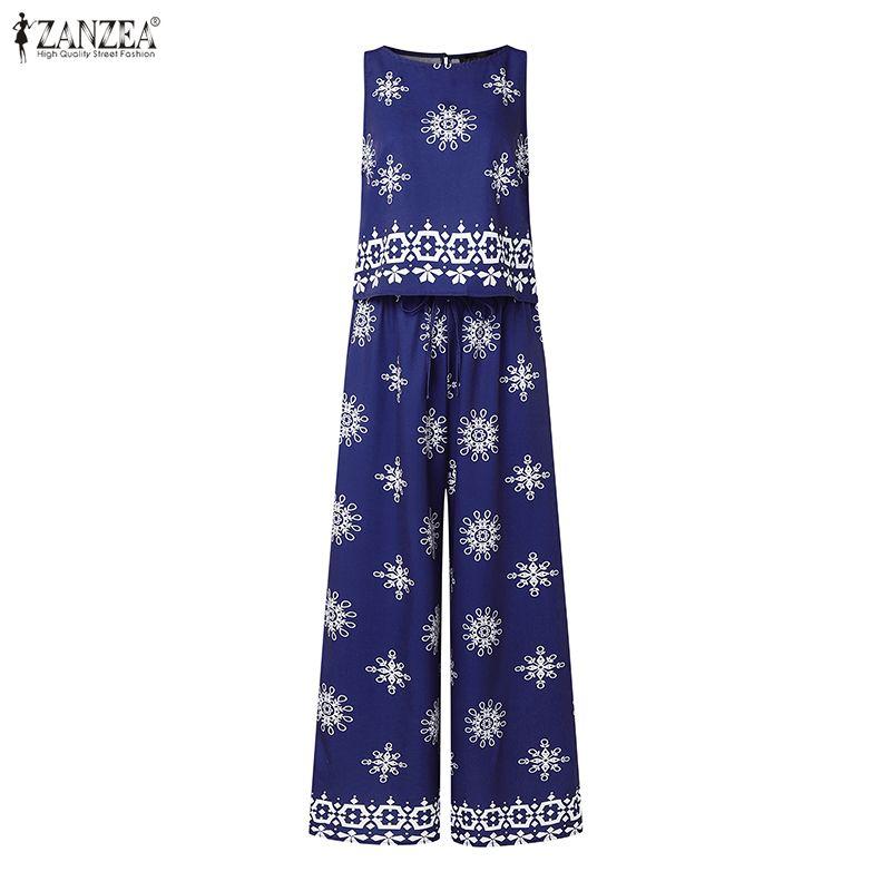 ZANZEA Two Piece Suit Women Sleeveless Print Tank Tops and Long Pants Casual Sets