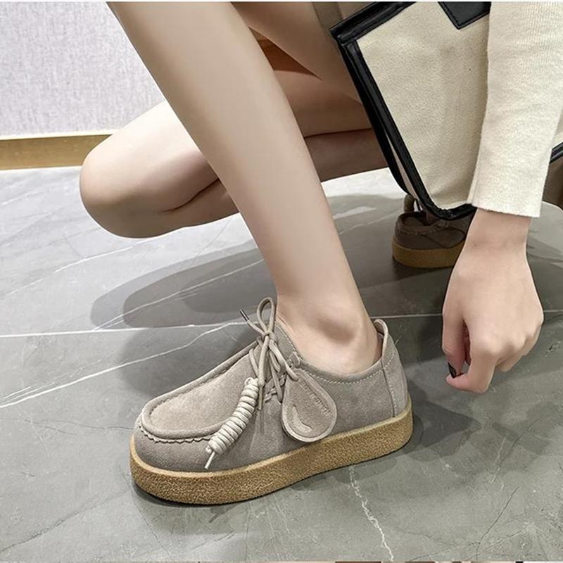Zapatos para Mujer Mocasines Gamuza Cuero Genuino Estilo Británico Con Cordones Zapatos de Estudiante Mujer Talla Grande Zapatos Clásicos para Mujer