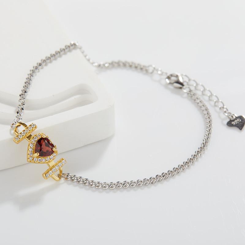 Heart-Shaped Natural Topaz Colored Garnet Inlaid S925 Sterling Silver Diamond-Inlaid Love Bracelet Women'S High-End Jewelry