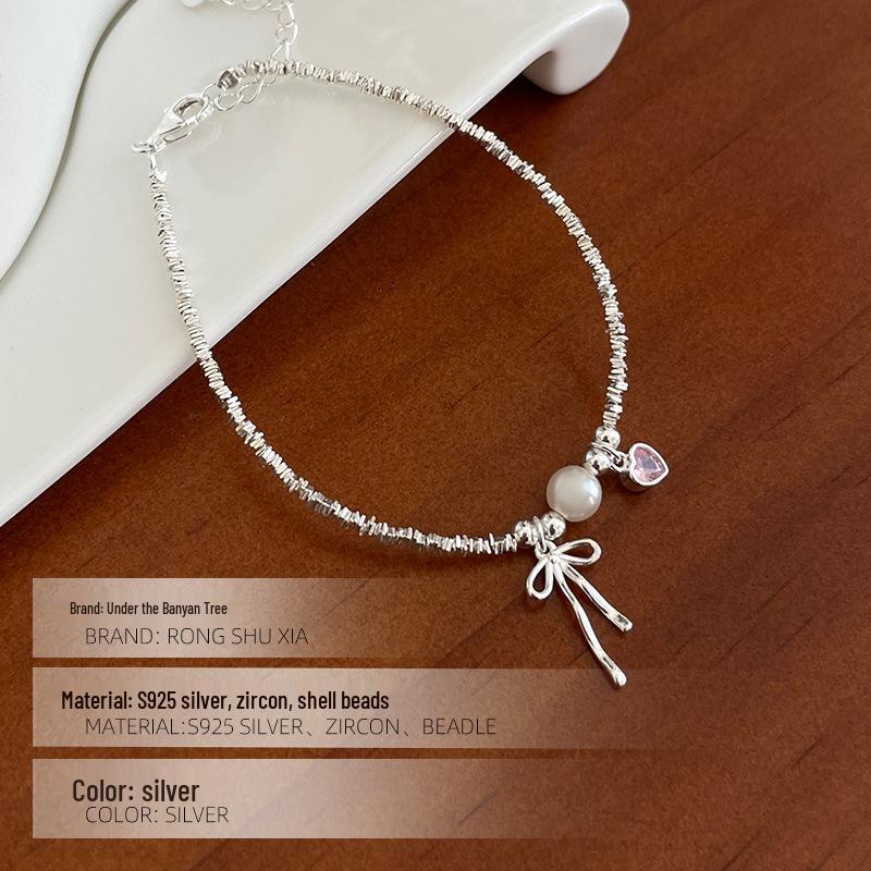 Banyan Tree S925 Silber Herz Schleife Perlenarmband - Süßer koreanischer Stil Schmuck.