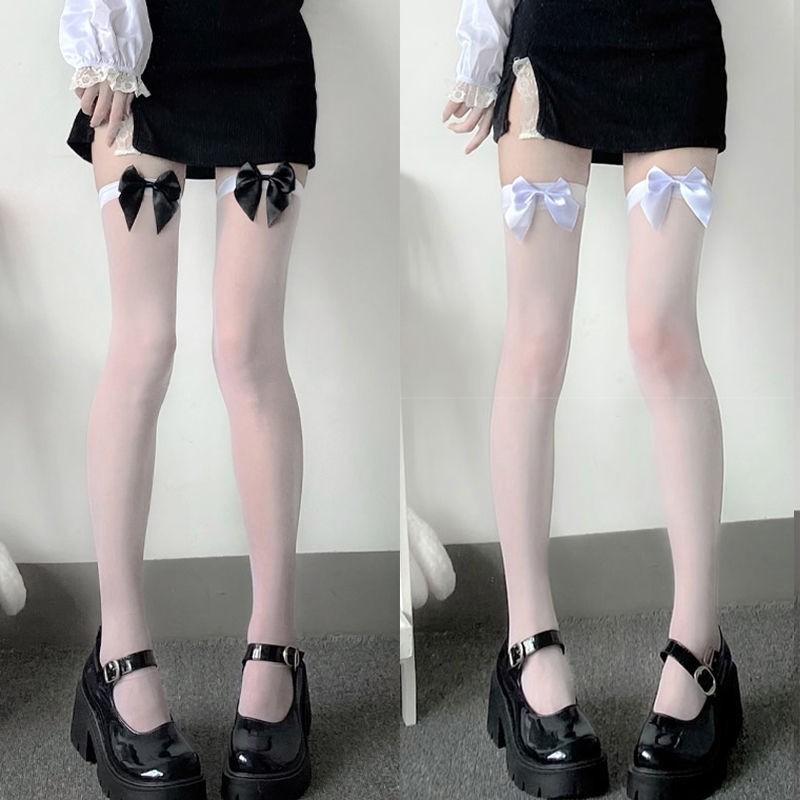 Japanese Style Sexy Bow Long Tube Pure Desire White Silk Lolita Soft Girl Over-The-Knee Jk Thigh Socks Black Silk Girl