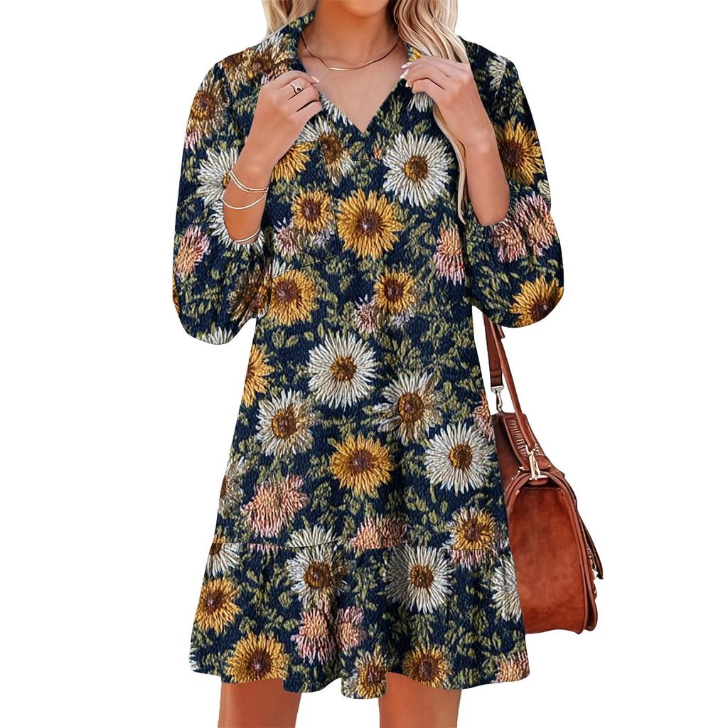 Women's Fashion Elegant Autmn And Winter Long Sleeve V,Neck Christmas Print Dress