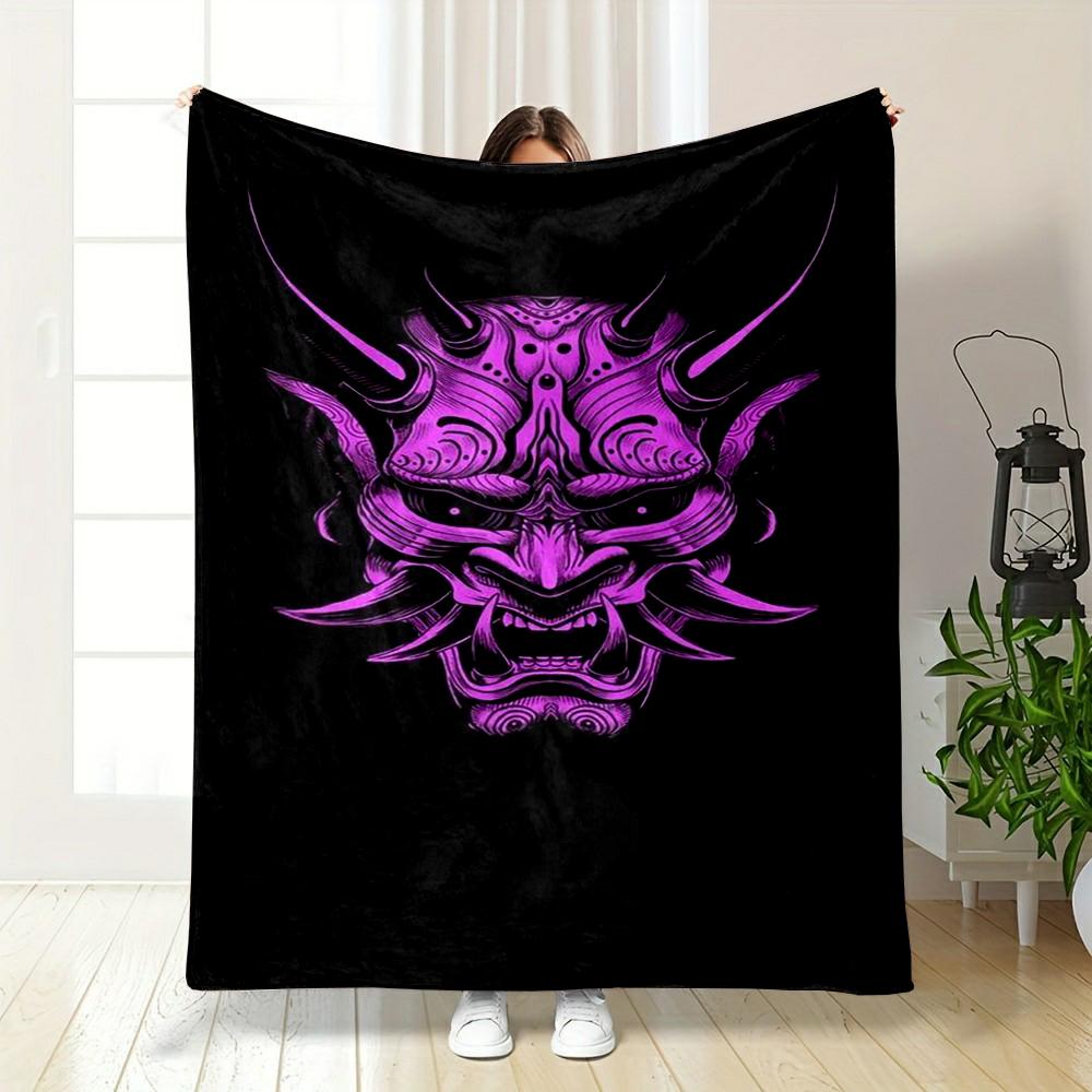 Purple Japanese Oni Mask Illustration Design Flannel Blanket for Bedroom, Living Room, Sofa, and Nap Sofas.