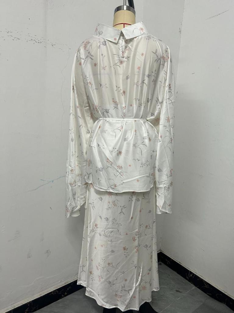 2025 Fall Women’s European Style Batwing Sleeve Tie-Up Top & Floral Print Skirt Set
