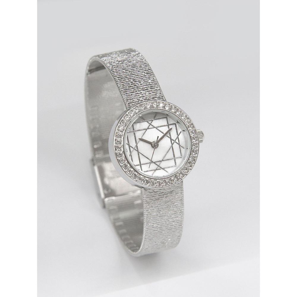 Round Quartz Watch For Women Rhinestone Bezel Geometric Line Dial Textured Mesh Strap Elegant Daily Waterproof Wristwatch
