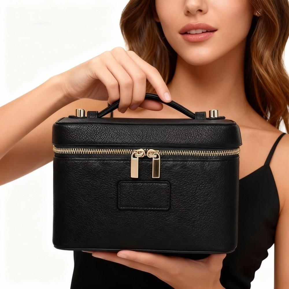 PU Leather Makeup Bag Square Shape Waterproof Toiletry Bag Large Capacity Removable Divider Camera Storage Bag for Women & Men