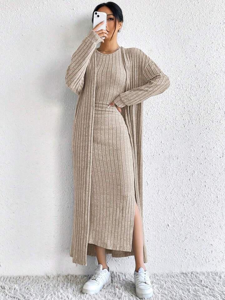 Spot Hot-selling Women's Clothing European Beautiful Women Autumn Fashion Vest Dress Long Sleeve Long Coat Two-piece Set