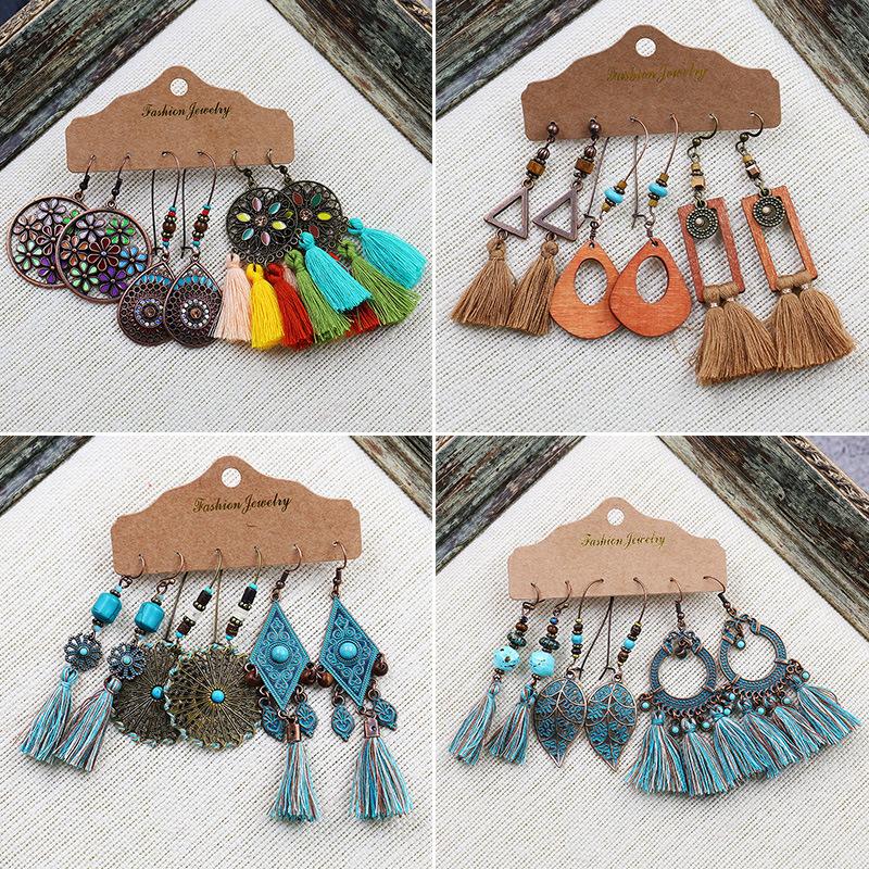 Vintage Big Round Multicolor Beaded Earrings Set for Women Ethnic Boho Tassel Feather Long Dreamcatcher Drop Earrings Jewelry