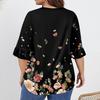 Women's Fashion Casual  Printed V-Neck Pleated Seven Minute Sleeve Ruffle Sleeve T-Shirt Plus Size Tops