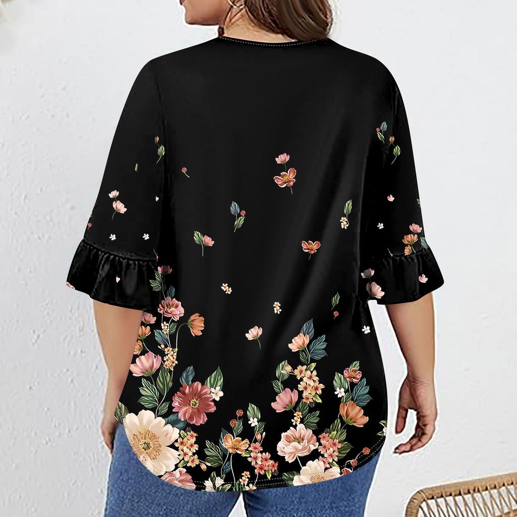 Women's Fashion Casual  Printed V-Neck Pleated Seven Minute Sleeve Ruffle Sleeve T-Shirt Plus Size Tops