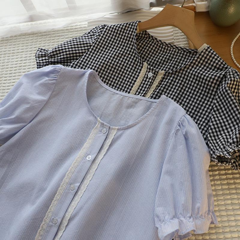 

Korean Style Lace Trim Bubble Sleeve Blouse - Summer 2025 Collection One Size