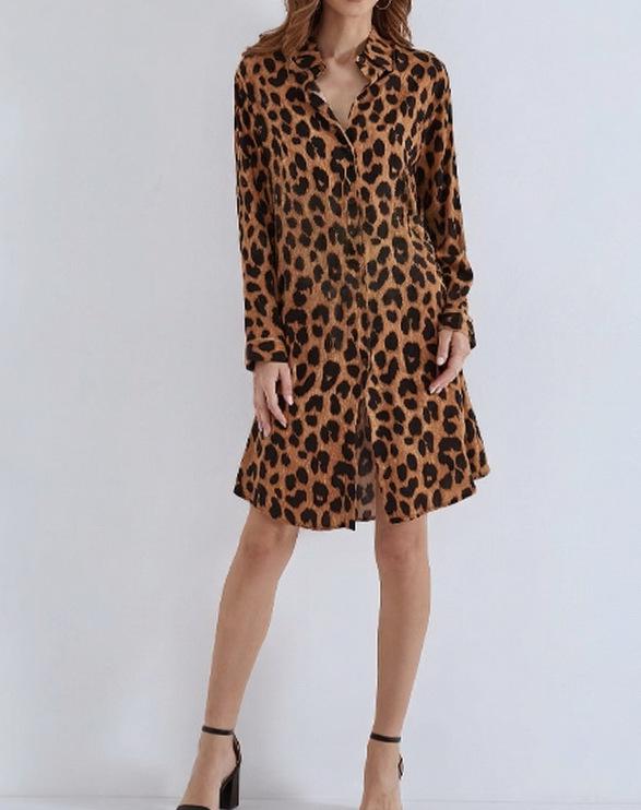 V-Ausschnitt Leo-Print Blumenkleid - Neuer Stil 2025, Europäische & Amerikanische Mode, Lässiges Langarm Damenbekleidung