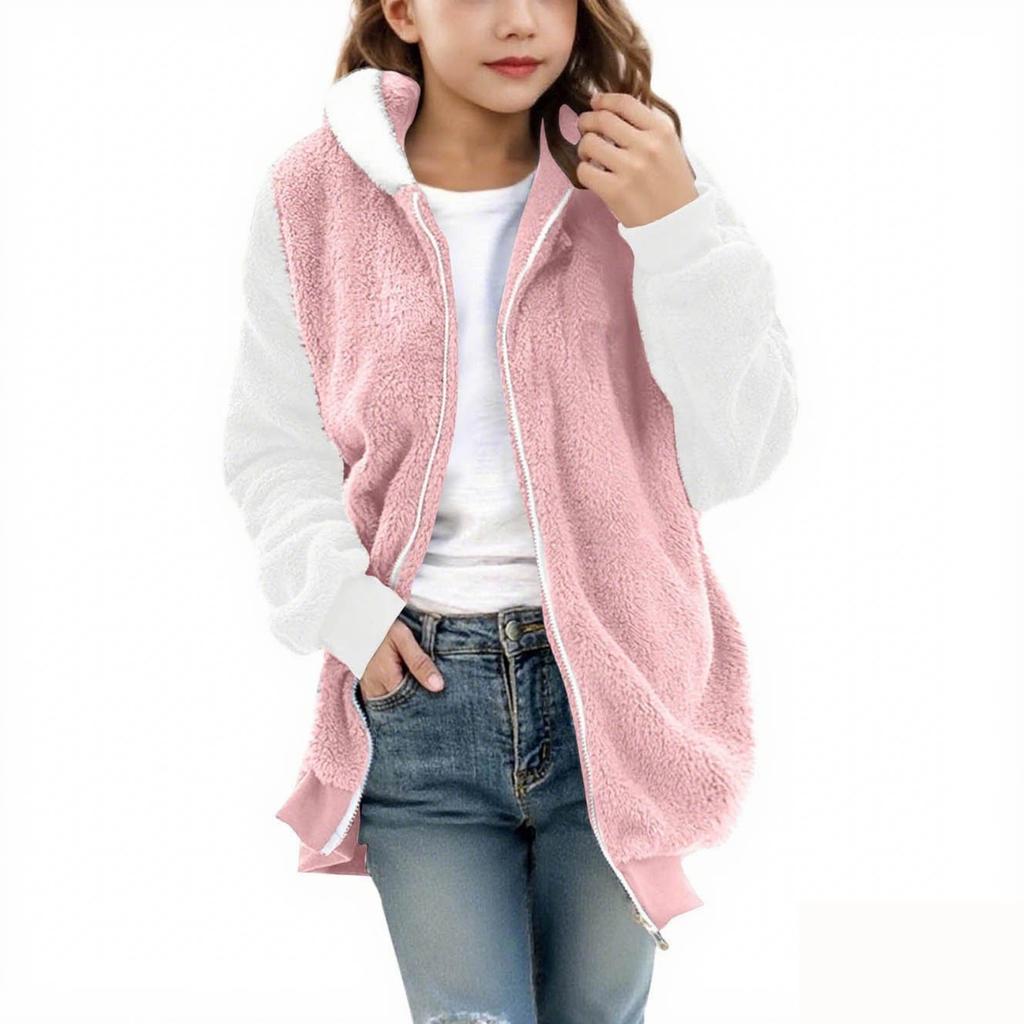 Fashionable Children's Solid Color Long-sleeved Hooded Pocket Plush Coat