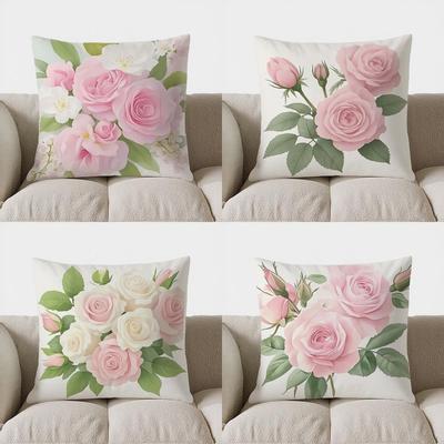 Home Decor Pink Roses And White Flowers Cushion Cover Pattern Cushion Cover Suitable For Sofa Bedroom Car Pillow Cover