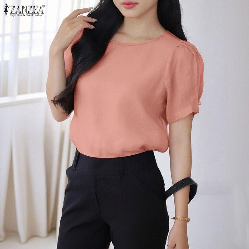 ZANZEA Women Casual Round Neck Solid Color Short Sleeve Blouse