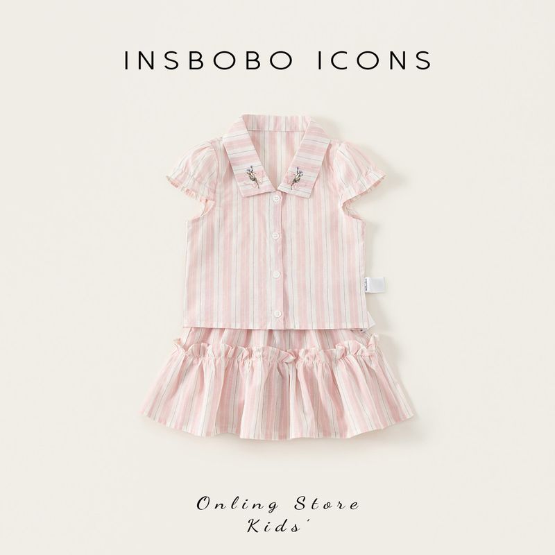 Insbobo Girls Summer Clothing 2026 New Kidsren s Suit Girl Suit Skirt Two-Piece Set Baby Kidsren s Clothing Summer Pink Stripes 100