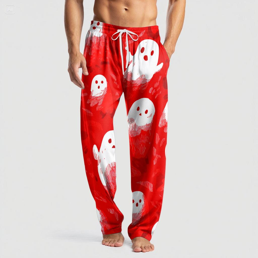 Men's Knitted Halloween Print Pocket Casual Pants Pajama Pants