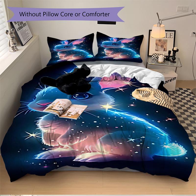 

3pcs Glowing Bunny Rabbit Comforter Set with One Quilt Cover and Two Pillowcases (No Core) - Anime Cartoon Design, Polyester Fabric, Festive Gift for 135x200cm