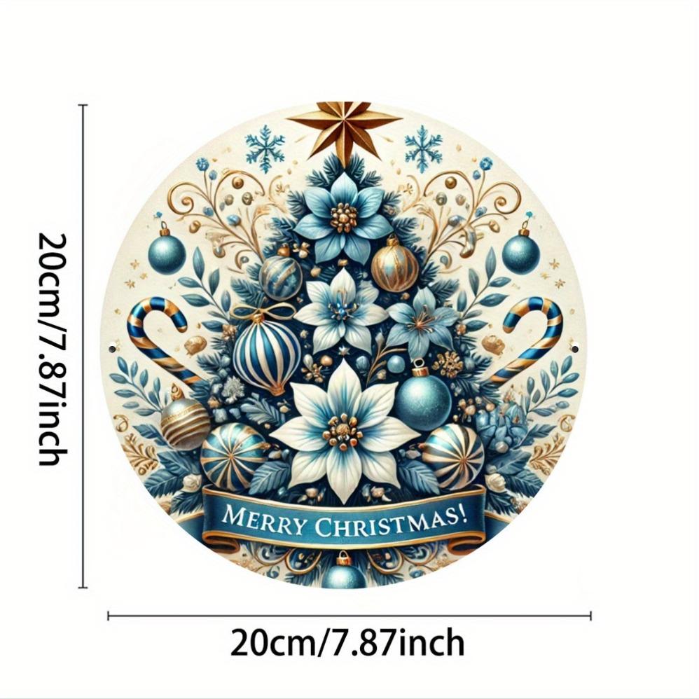 Vintage Blue Gold Christmas Tree D Relief Art High Definition Metal Wall Art Retro Round Iron Sheet Decor with Poinsettia Flow