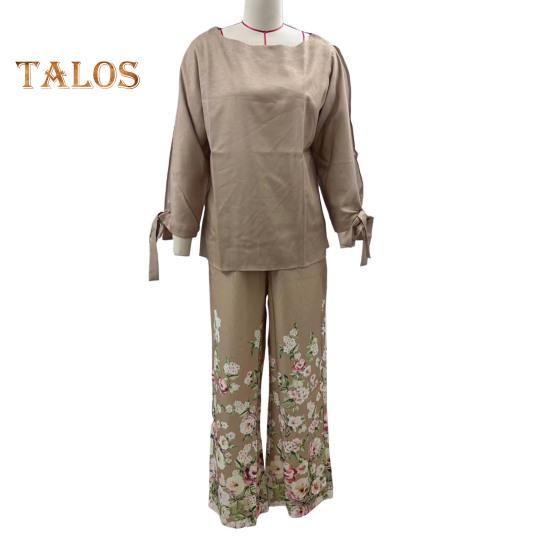 2 Pcs/Set Women Top Pants Set One Shoulder Slant Neck Three-quarter Sleeve Lace-up Cuff Blouse Flower Print Stretchy High Waist Wide Leg Trousers