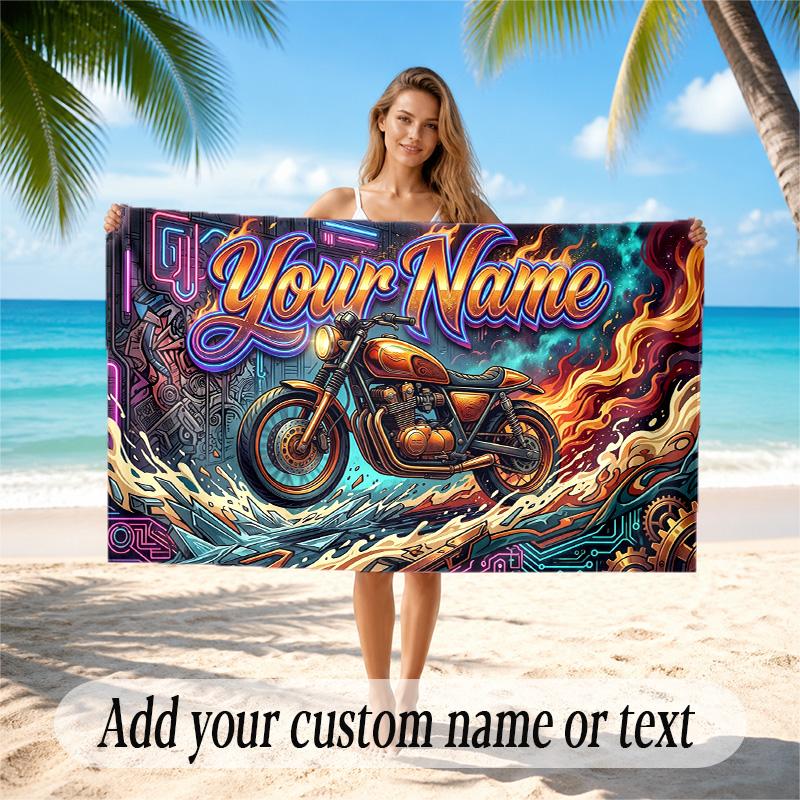 Motorcycle Biker Theme Quick Dry Beach Towel Custom Name Text Print Large Sand Resistant Towel Beach Vacation
